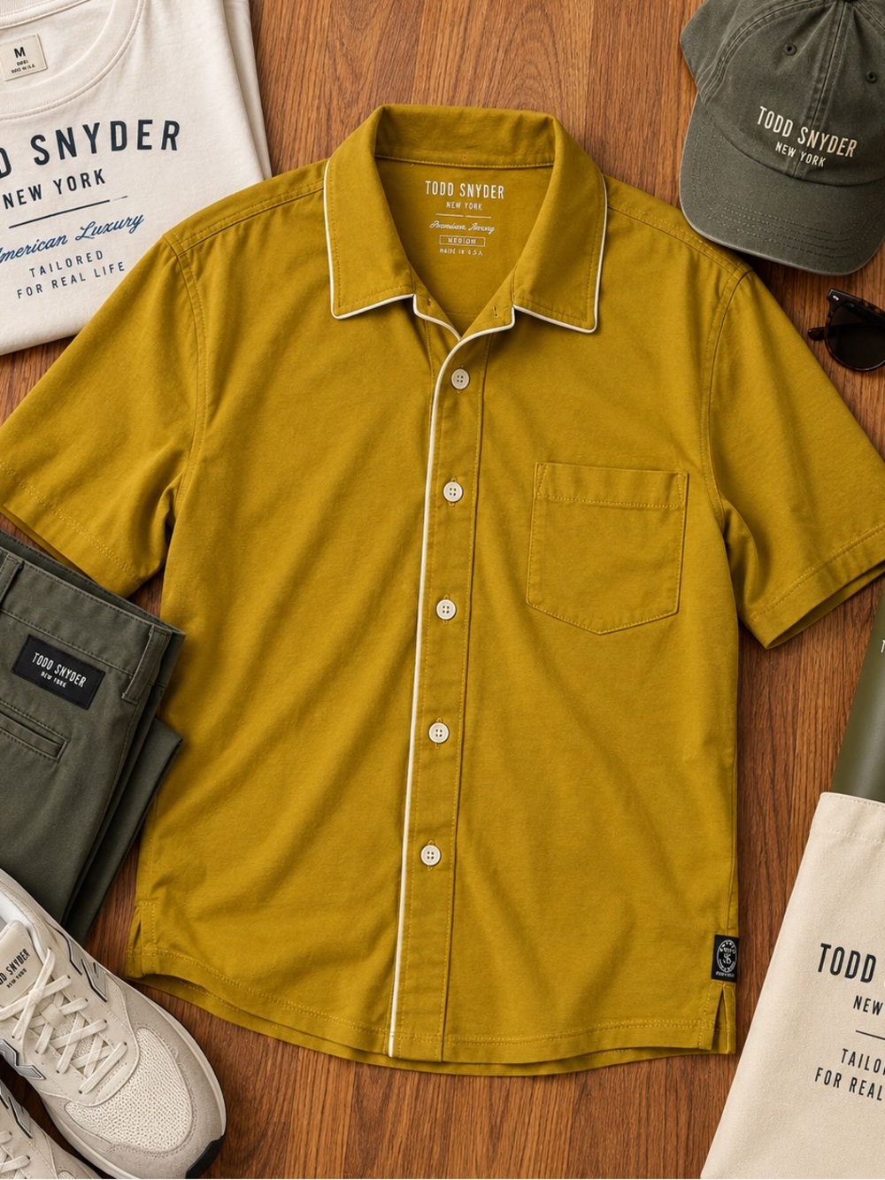 Todd Snyder Shirt Mens M Yellow Montauk Tipped Full Placket Polo Premium Jersey